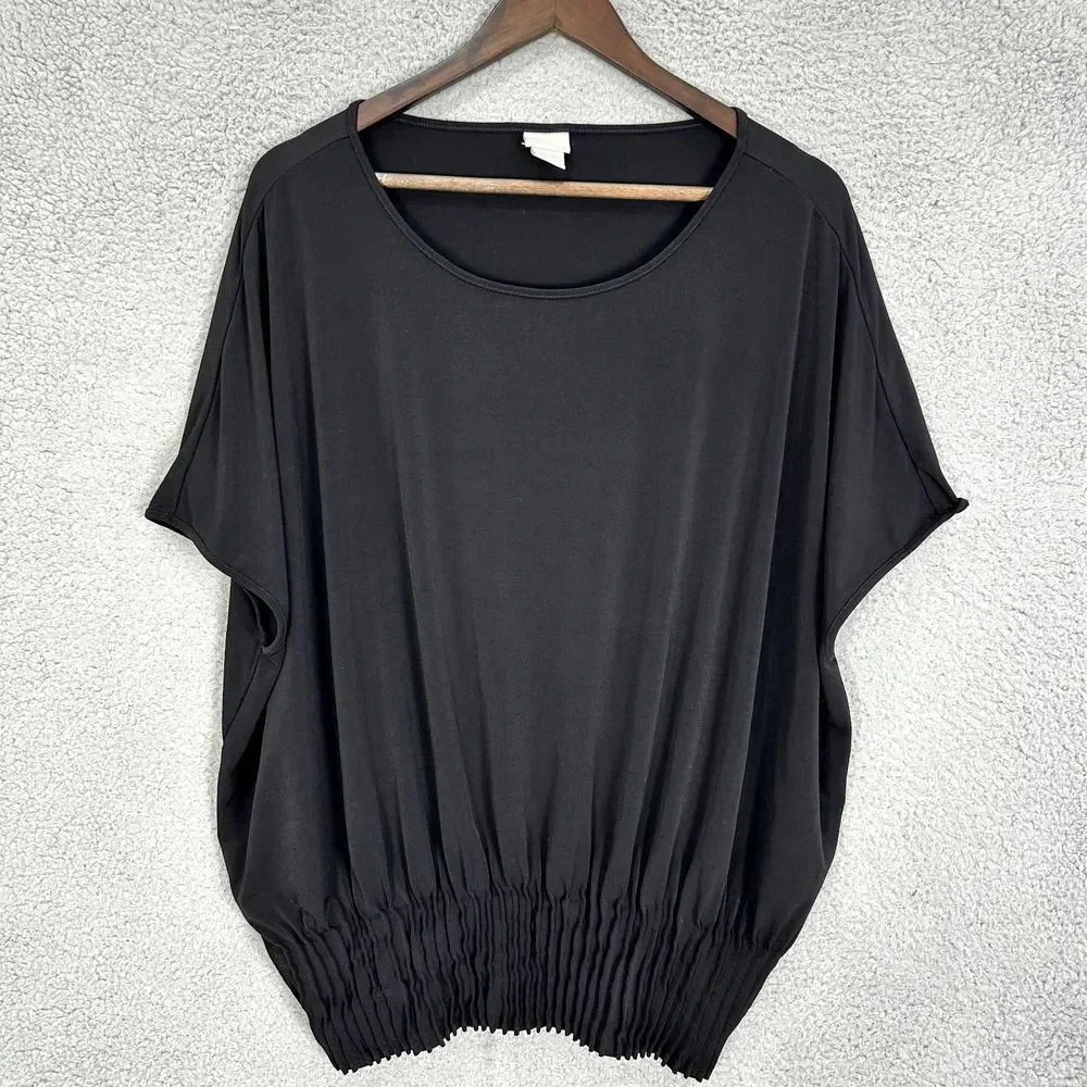 Chicos black top womens 2 large pleated banded waist dolman sleeve minimalist